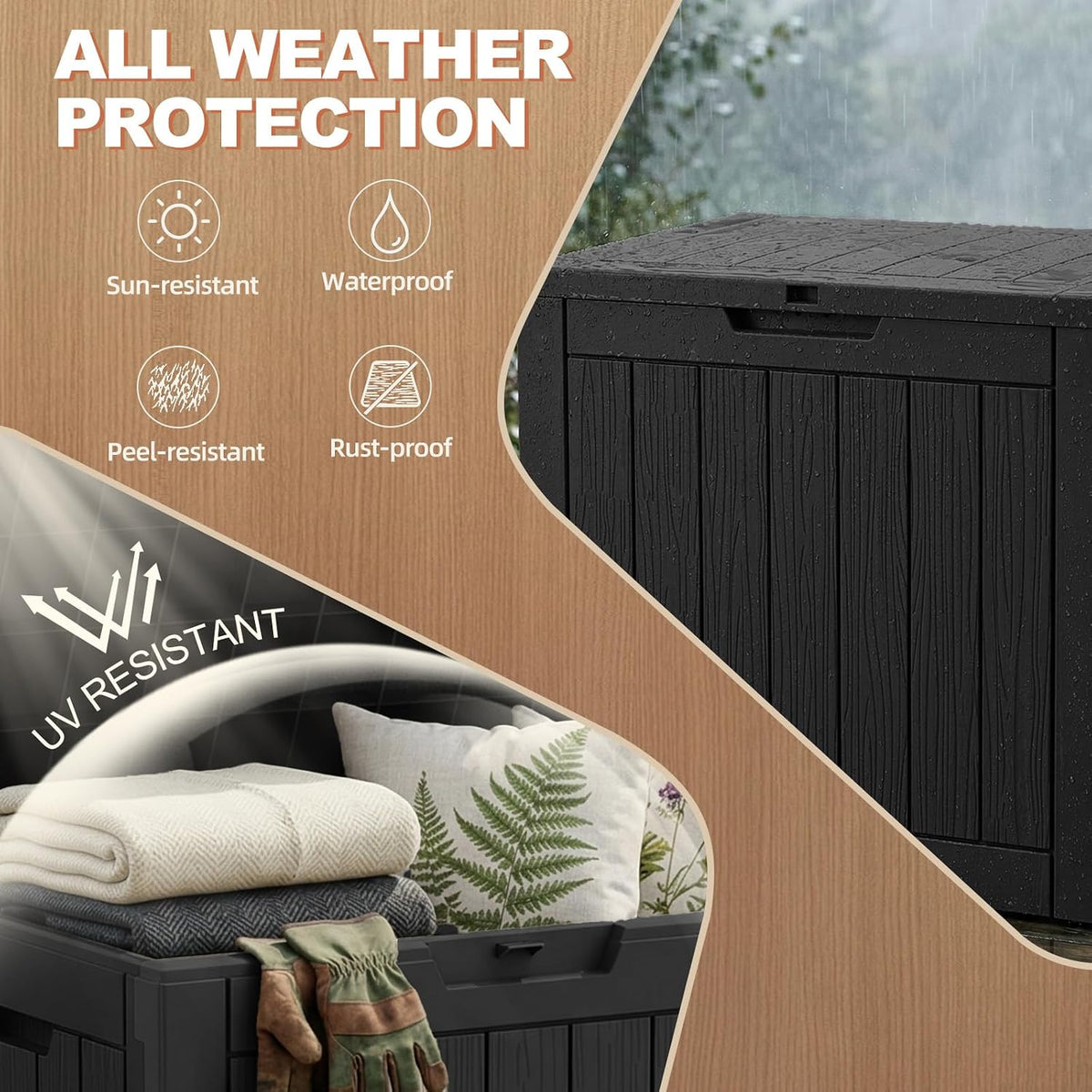 EFU Outdoor Storage Box 42 Gallon Deck Box, Waterproof Resin, Black