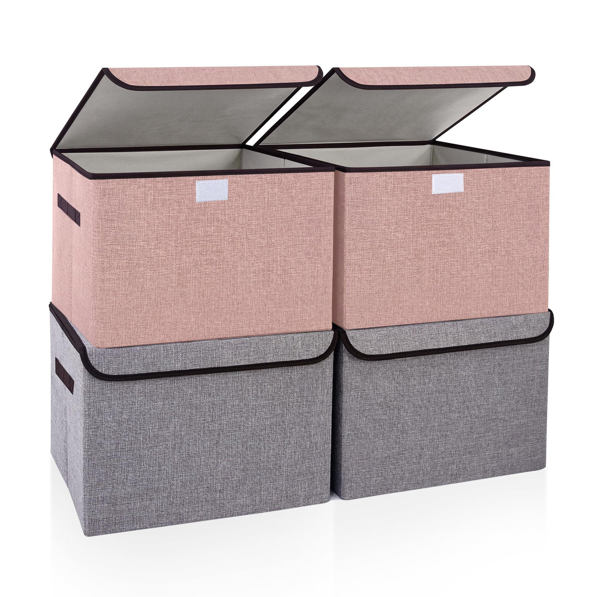 Bagnizer Large 17" 42 Quarts Collapsible Stackable Storage Bins with Lids [3-Pack] Foldable Fabric Linen Storage Boxes Cube, Closet Organizer Baskets with Label for Home (16.7 x 12 x 12, Gray)
