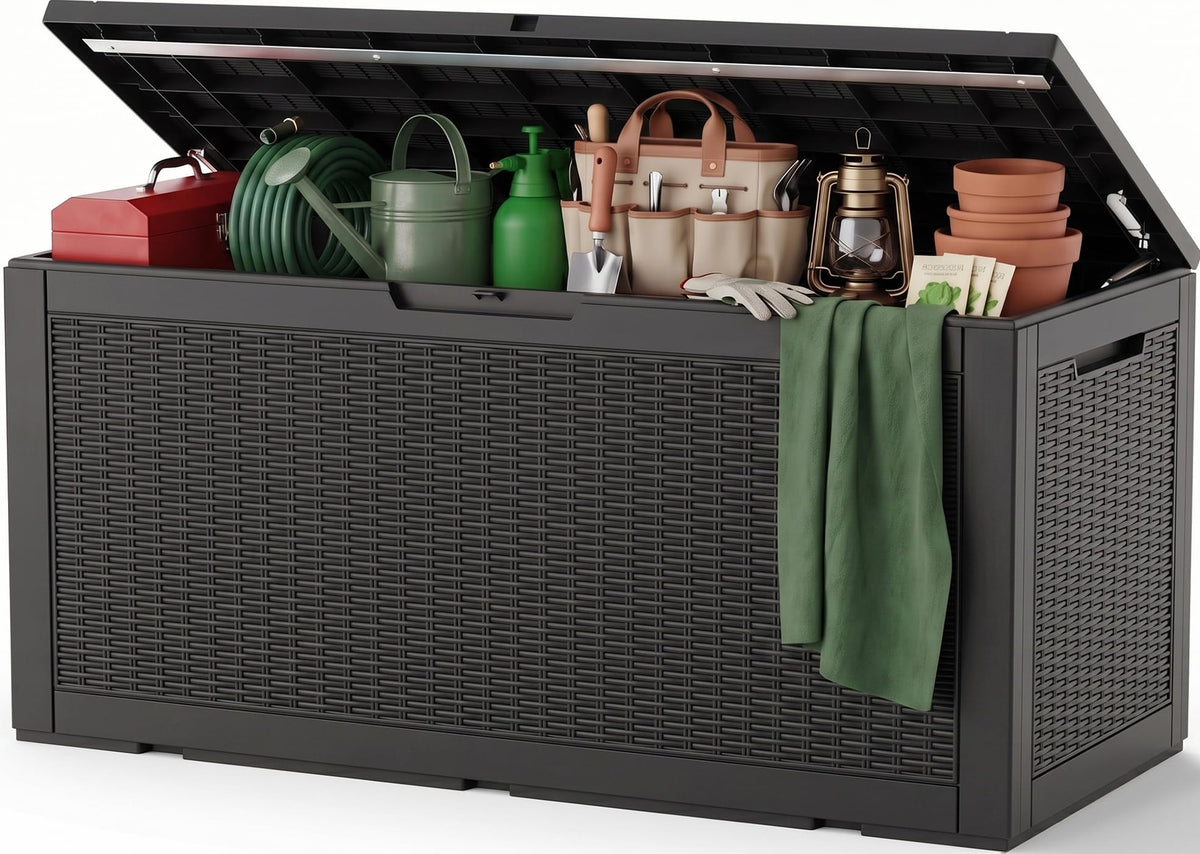 Outdoor Storage Box, 170 Gal Waterproof Resin Deck Box w/Support Rod