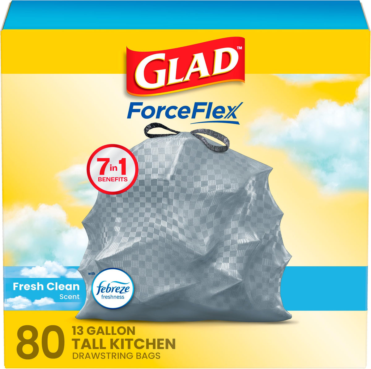 Glad Tall Kitchen Drawstring Trash Bags - Odorshield 13 Gallon White Trash Bag, Febreze Fresh Clean, 110 Count
