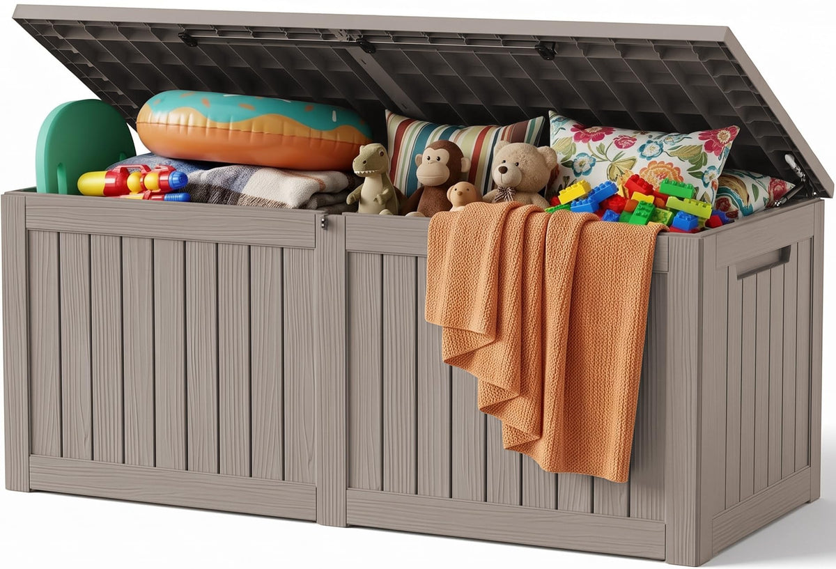 Outdoor Storage Box, 170 Gal Waterproof Resin Deck Box w/Support Rod