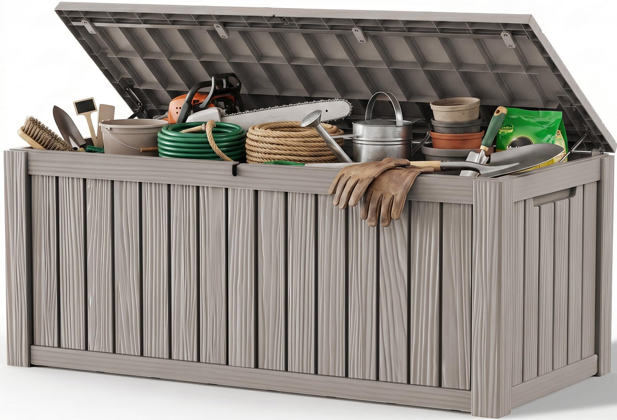 Outdoor Storage Box, 170 Gal Waterproof Resin Deck Box w/Support Rod