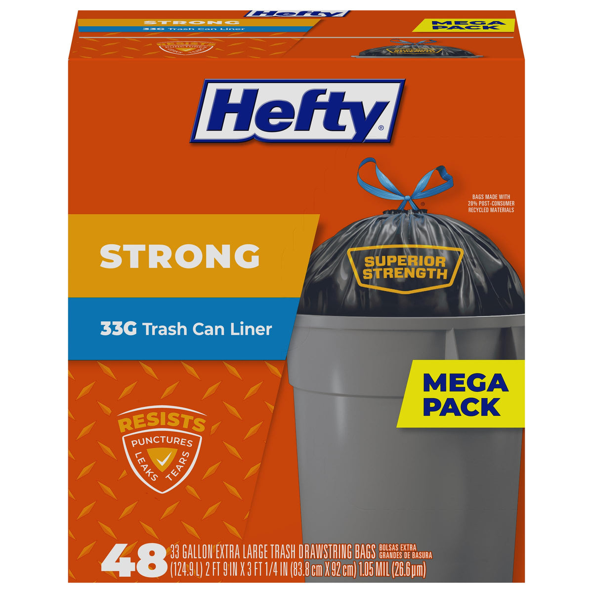 Hefty Strong 33 Gallon Trash Bags with Drawstrings, Black, Unscented, 48ct