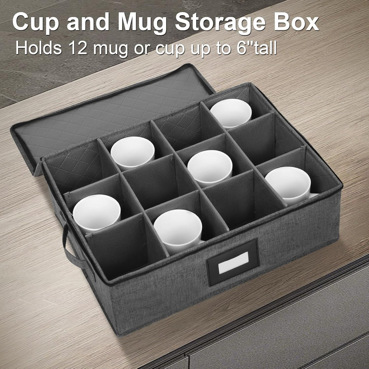 Mug Storage Box with Dividers 2 Pack, Hard Top Cup Storage for Coffee Mug