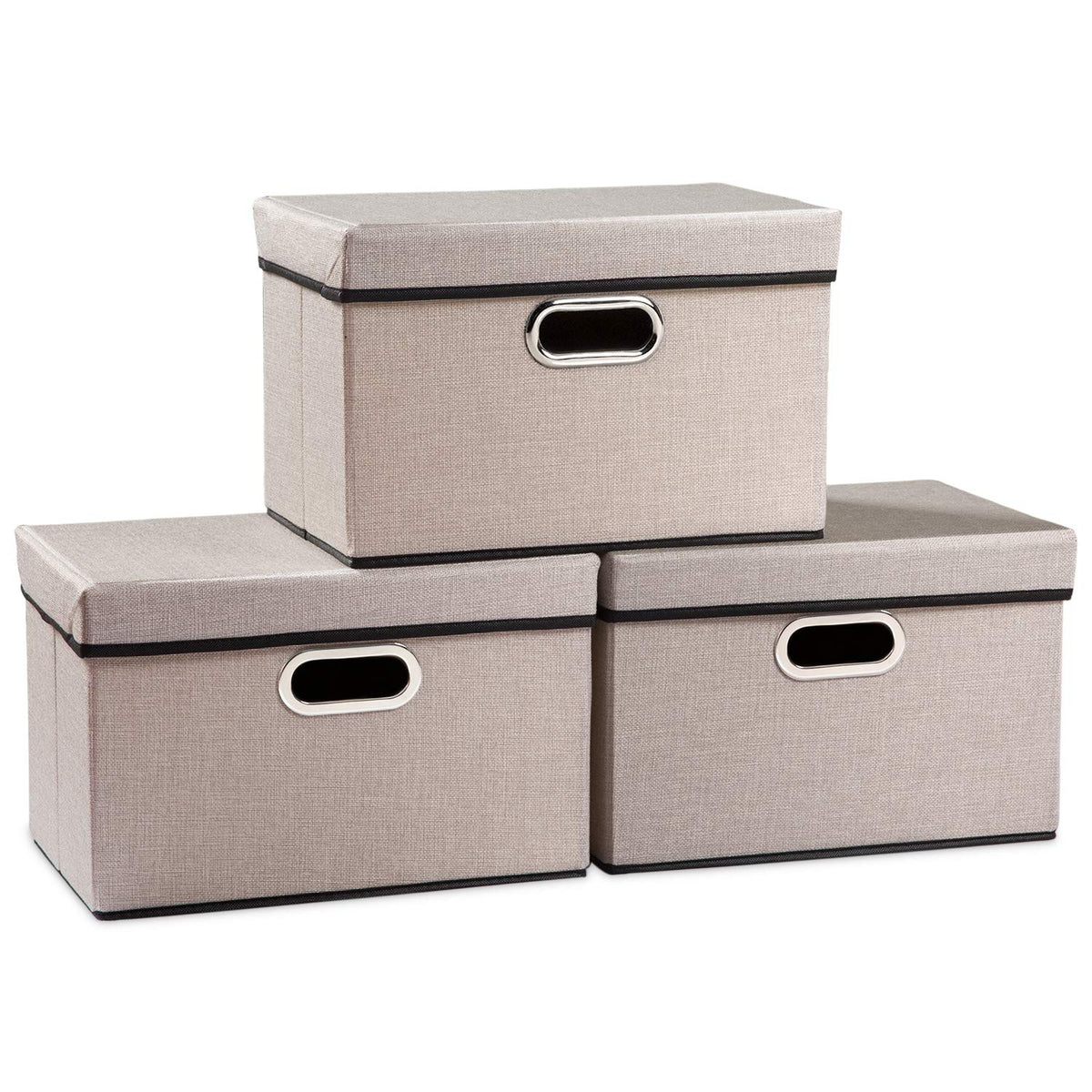 PRANDOM Large Collapsible Storage Bins with Lids [3-Pack] Linen/Cotton Blend Foldable Storage Boxes Organizer Containers Baskets Cube with Cover for Home Bedroom Closet Office Nursery(17.7x11.8x11.8)