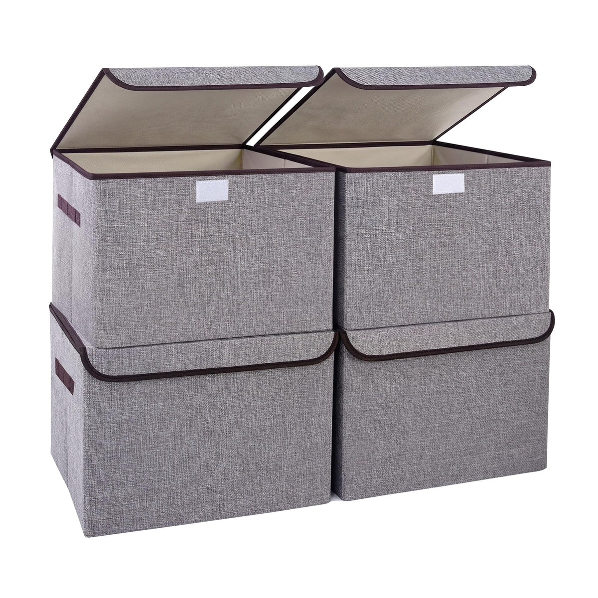 Bagnizer Large 17" 42 Quarts Collapsible Stackable Storage Bins with Lids [3-Pack] Foldable Fabric Linen Storage Boxes Cube, Closet Organizer Baskets with Label for Home (16.7 x 12 x 12, Gray)