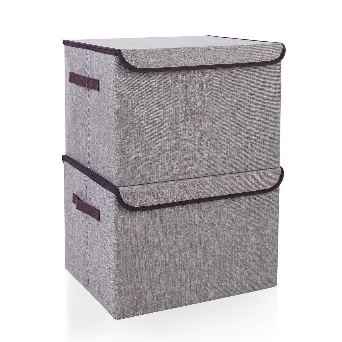 Bagnizer Large 17" 42 Quarts Collapsible Stackable Storage Bins with Lids [3-Pack] Foldable Fabric Linen Storage Boxes Cube, Closet Organizer Baskets with Label for Home (16.7 x 12 x 12, Gray)