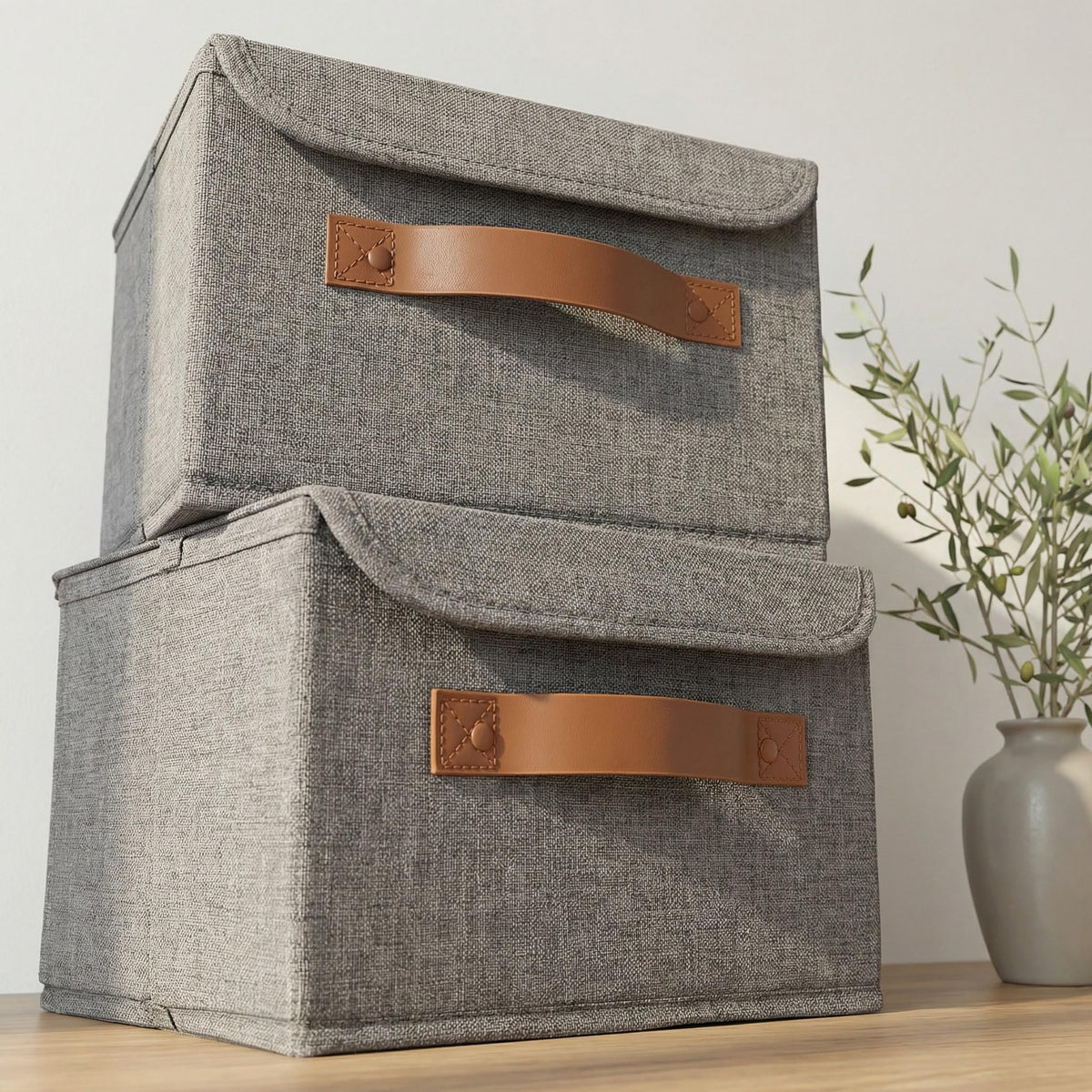 Decorative Linen Storage Boxes with Lids - Spacious Set of 2 Organizer Bins